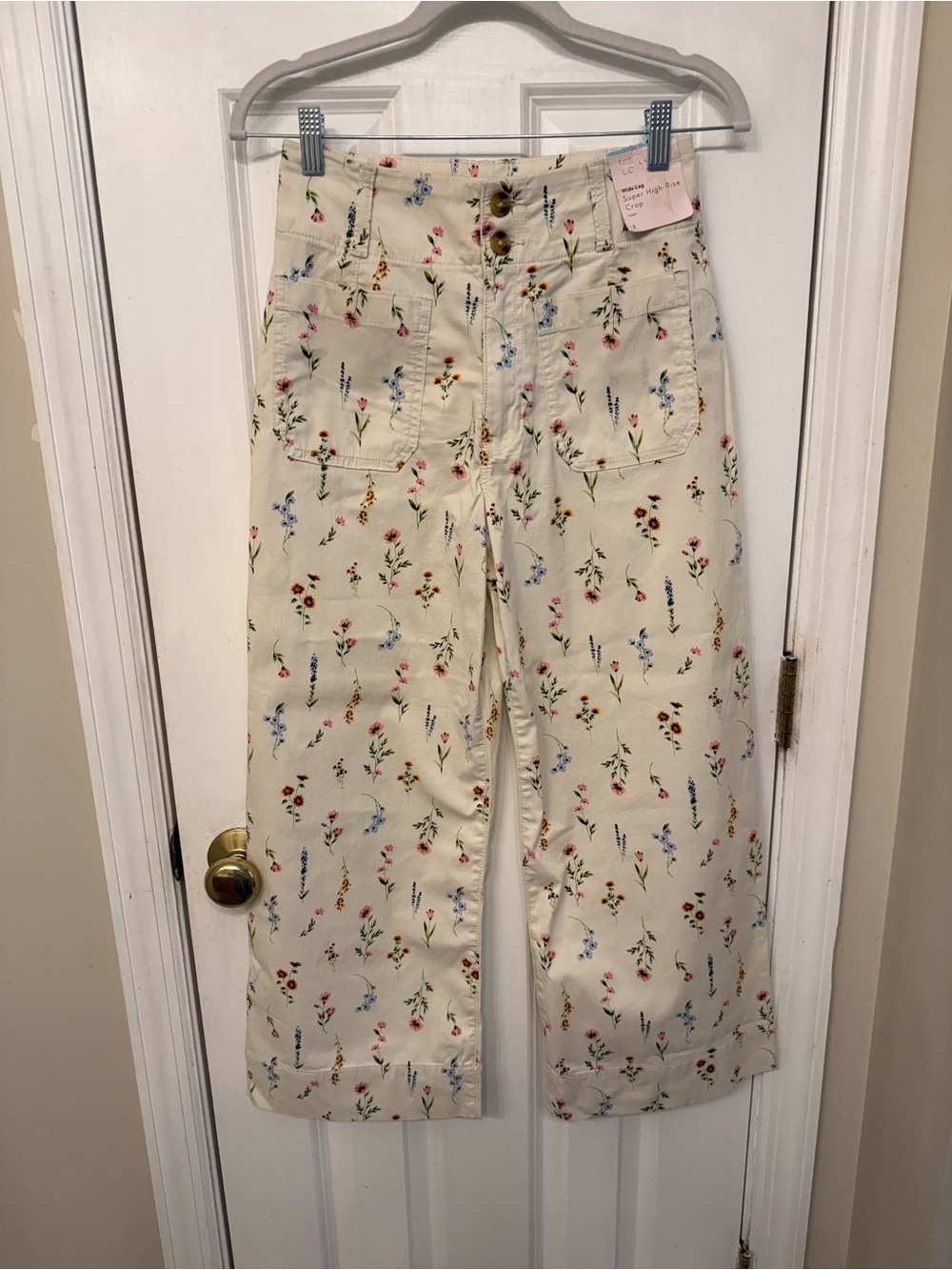 LC Lauren Conrad Wildflower Super High Rise Wide Leg Crop Pants Cream Floral NEW